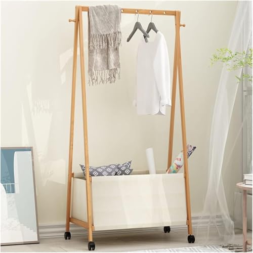 Image of Lukzer Bamboo Garment Rack with Fabric Storage Basket and Wheels | Coat & Clothes Hanging Rail Free Standing Garment Hanging Rails For Home Office Hallway Bedroom (45 x 70 x 162 cm) CH-153