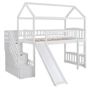 Merax House Loft Bunk Bed Frames with Storage and Slide No Box Spring Needed for Kids Teens Girls or Boys
