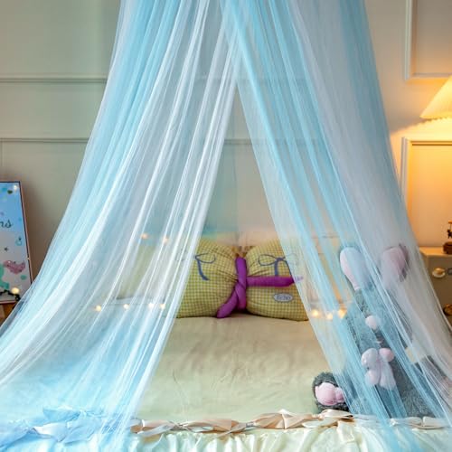 Image of Princess White Blue Bed Canopy for Girls Bed Net,Princess Canopy for Kids Bed Room Decor (White+Blue)