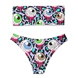 Clynjom Bloody Zombie Alien Eyeballs Women Strapless Bandeau Bikini 2 Piece Swimwear Cheeky Bathing Suits L