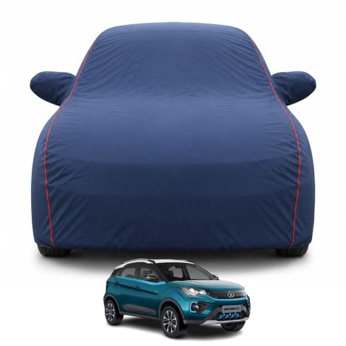 Image of car Cover for Nexon EV (2020-2026) Models |100% Waterproof All Weather Protection | Full Body Cover, Mirror & Inner Cotton Triple Stitched Cover, Adjustable Belt Bottom Elastic (Navy Blue)