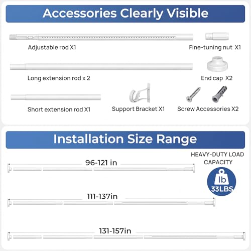 Image of ALLZONE Adjustable Tension Curtain Rod, 40-157 inches, Heavy Duty Curtain Rods No Drilling, Anti-Slip Tension Rod for Window, Shower, Outdoor & Patio, Easy to Install, 1.26In Diameter, White