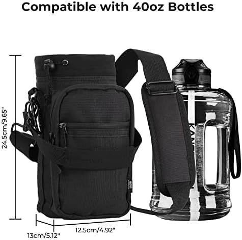 Nuovoware Water Bottle Carrier, 40oz Bottle Carrier Sports Insulated Water Bottle Holder with Adjustable Shoulder Strap, 2 Pockets Flask Sling Bag Drawstring Pouch for Climbing Hiking Walking, Black