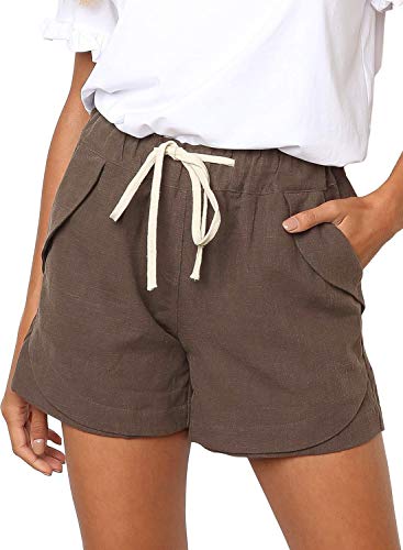 Dokotoo Womens Ladies Female Fashion Drawstring Loose Mid Rise Linen Shorts Elegant Elastic Waist Comfy Cotton Linen Shorts Pants Pockets Khaki Medium
