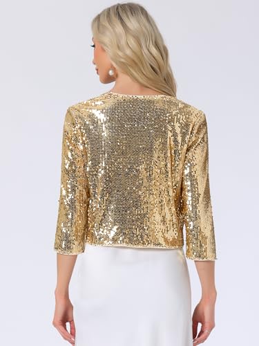 Image of Allegra K Sequin Cardigan for Women's Glitter 3 /4 Sleeve Open Front Party Club Jackets X-Large Gold
