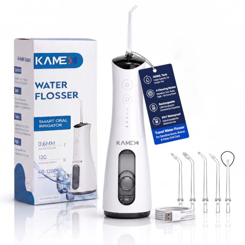 Image of KAMEX Cordless Water Flosser for Teeth Cleaning: Portable Oral Irrigator with 300ML Tank, 5 Jet Tips, 4 Modes, 40-120 PSI, IPX7 Waterproof, Rechargeable Dental Water Pick for Braces & Sensitive Gums