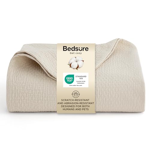 Bedsure 100% Cotton Sofa Pet Blanket - Twin/Double Size Anti Scratch Throws for Pet Sofa Bed Double-Layer Breathable Lightweight Summer Quilted Bedspreads Coverlet Protector Decor Beige 150x200cm