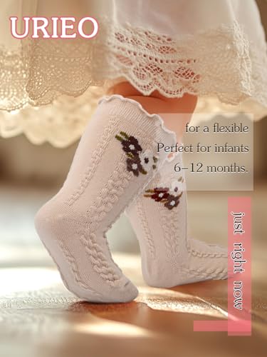 Urieo Baby Girls Knee High Socks Cotton Ruffle Sock Flower Long Stockings for Infants Toddlers Kids Girls4