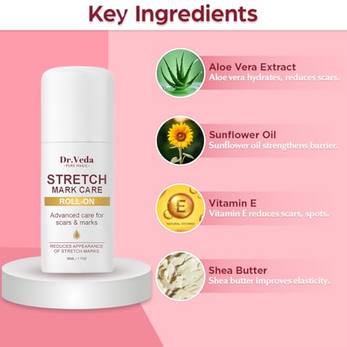 Image of Dr. Veda Stretch Mark Care Roll-On for Women - Skin Repair & Elasticity Booster with Green Tea & Licorice for Stretch Marks, Scars & Smooth Skin | 100% Natural Formula, 30 ml each Pack of 2
