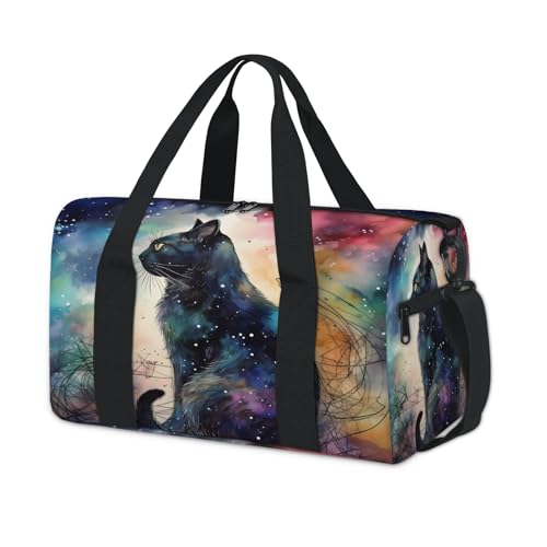 Rainbow Black Cat Sports Duffle Bag for Women Men Waterproof Overnight Weekender Bag with Adjustable Strap Travel Tote Bags for Beach Yoga Work Dance Swim