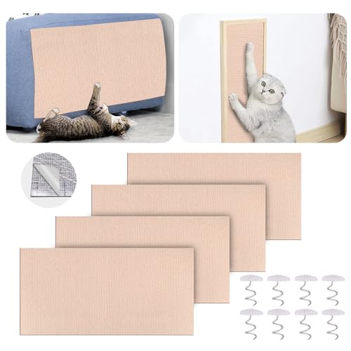 Mity rain 4PCS Cat Scratch Furniture Protector Mats 23.6“X11.8”Trimmable Self-Adhesive Cat Scratch Pads with 8PCS Furniture Nails Cat Couch Protector Mat for Pet Furniture DIY Beige