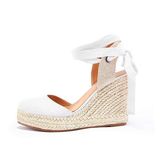 Ermonn Womens Espadrilles Wedge Sandals Platform Closed Toe Ankle Strap Lace Up Summer Shoes #TOP2