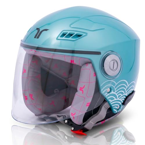 Image of TVARRA Lilt Women's Open Face Helmet for Scooty | Lightweight 750g | Stylish Designer Half Face Helmet with Clear Visor | Designed for Ladies & Girls | ISI Certified (Aqua Blue,M)