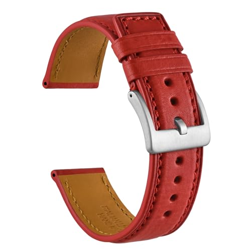Ayadoo 22mm Italian Leather Watch Band, Classical Red Leather Watch Strap with Silver Buckle for Men and Women