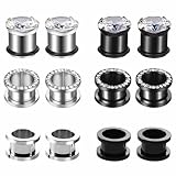 BWDHJLEY Juego de 12 medidores de oreja de acero inoxidable, juego de tapones de aro plateado negro con circonita cúbica para hombres y mujeres, 6G(4mm), Acero inoxidable, Circonia cúbica