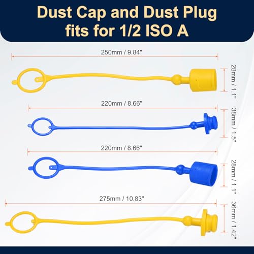 Image of HARFINGTON 2Sets 1 /2 Hydraulic Hose Dust Cap and Plug Kit, ISO-A Male Dust Cap & Female Plug Cover Quick Disconnects Air Coupler Cover Port Plug Fittings with Retention Ring, Blue /Yellow