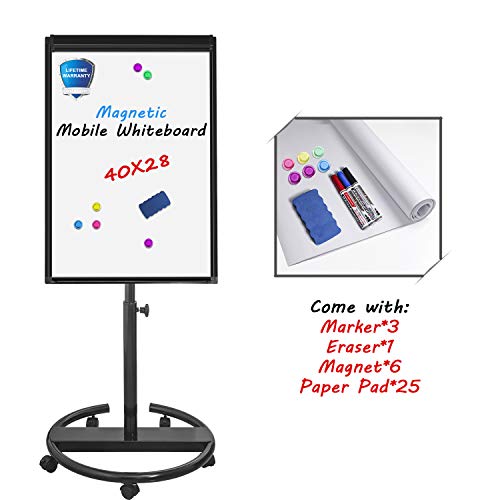Mobile Whiteboard Standing Dry Erase Board Easel– 40x28 inches Magnetic Whiteboard with 25