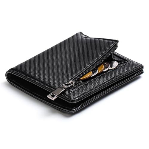 fdsmall Wallets for Men, RFID Blocking Leather Wallet with Zippered Coin Pocket, 10 Card Slots & Quick Access ID Window, Carbon Fiber Leather Card Holder Hold up to 11 Cards (Black)
