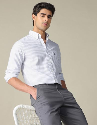 Image of U.S. Polo ASSN. Striped Regular Fit Shirt for Men - 100% Cotton, Breathable & Comfortable, Full Sleeves Casual Shirt for Men