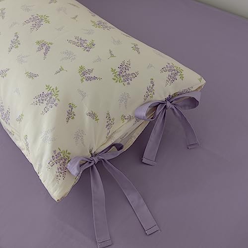 VM VOUGEMARKET King Duvet Cover Set,3 Pieces Purple Floral Duvet Cover with 2 Bow Ties Pillowcases 100% Cotton Lavender Flower Bedding Set-King,104x90 Inch