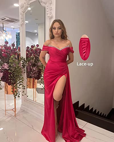 Qqcute Off Shoulder Satin Off Shoulder Prom Dresses With Slit Mermaid Long Beaded Formal Evening Party Gowns For Women(White,14) #TOP1