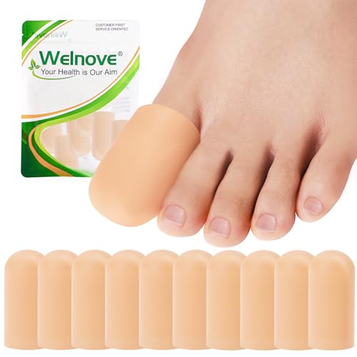 Welnove Toe Caps and Toe Protectors - 10 Pack Silicone Toe Sleeves Toe Protectors - Toe Cushions for Pain Relief, Toe Protection for Corns, Calluses (Large, Beige)