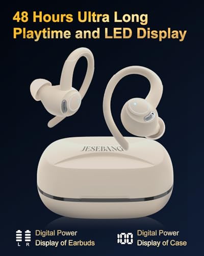 Image of Wireless Earbuds, Bluetooth 5.4 Headphones Sport, Over Ear Buds With ENC Noise Cancelling Mic,48H,Wireless Earphone With Earhooks, Stereo Deep Bass,IP7 Waterproof ear bud for Workout Running,Off White