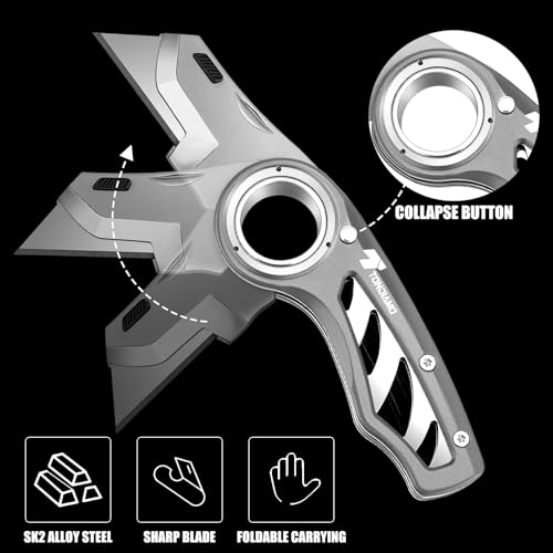 Image of Tondiamo 2 Pcs Folding Pocket Utility Knife Heavy Duty Box Cutter Folding Razor Knife with Anti Slip Finger Loop Easy Change Blades 3 Lock Positions Design (Gray)