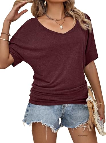 Image of Hilinker Womens Sexy Short Batwing Sleeve T Shirt Casual Tee Burgundy B Small