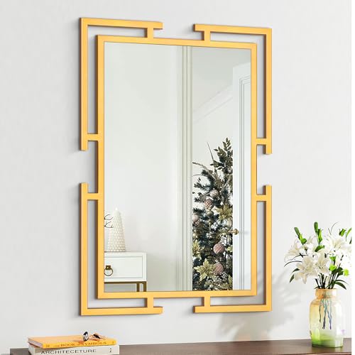 Image of Large Decorative Wall Mirror, 24 inchx36 inch Gold Mirror for Bedroom, Tempered Mirror Wall Decor with Metal Frame for Living Room, Modern Farmhouse Mirror, Horizontal /Vertical
