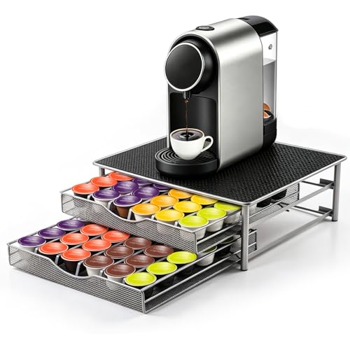 Masthome Porte Capsules pour Dolce Gusto, Grande Capacité Tiroir Rangement Capsules 72 PCs, Support Dosette avec Glissières, Tapis Antidérapant et Surface Anti-Vibration