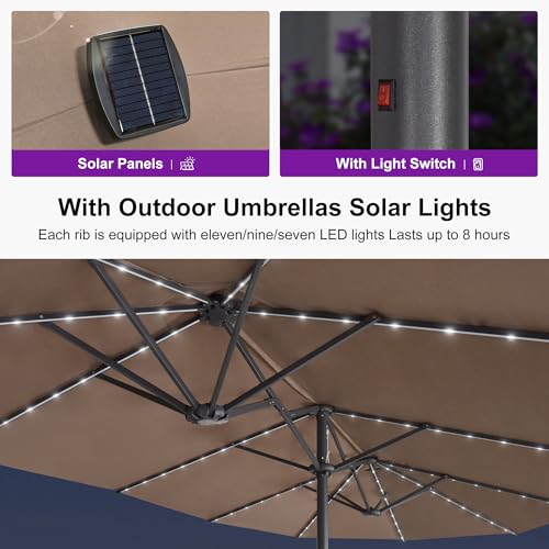 Image of PURPLE LEAF Patio Umbrella 13ft with Base and Solar Lights Outdoor, Taupe