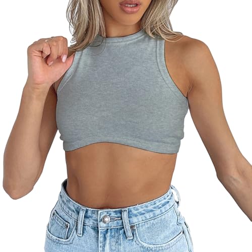 Dwnval T-shirt sem mangas de verão para mulher, gola redonda, costas cruzadas, de malha canelada, Cinza Jaspeado