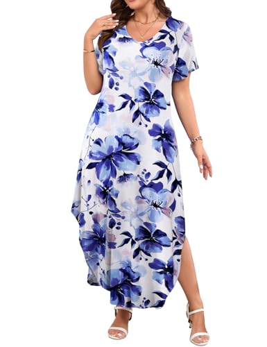 Image of JollieLovin Womens Plus Size Casual Summer Maxi Long Dress Short Sleeve T-Shirt Loose Sun Dress(L-5X)