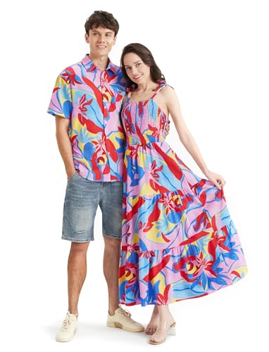 Image of PATPAT Couples Matching Hawaiian Outfits: Beach Vacation Tropical Print Women Spaghetti Strap Maxi Dress or Men Cruise Shirt