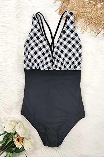 SuperPrity One Piece Swimsuits for Women Tummy Control Cross Back Monokini Swimwear-S,Black Gingham - Image 3