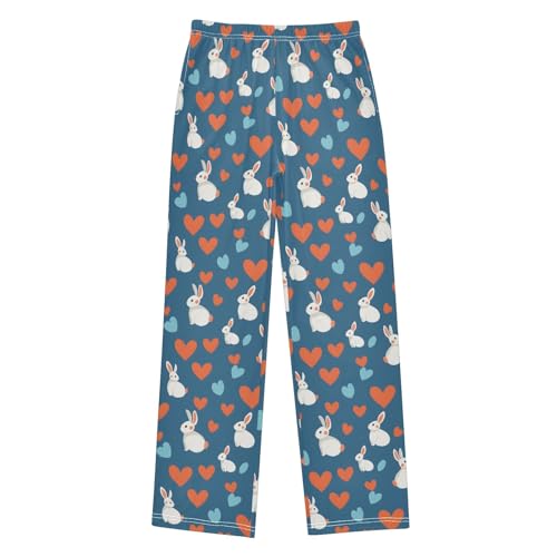 White Rabbit Color Heart Long Pajama Pants Bottoms Soft Sleepwear with Pockets