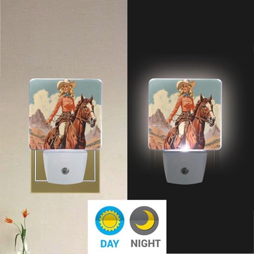 Image of Cowgirl Cowboy Horse View Night Lights 2 Pack Plug-in Wall Led Nightlight Auto Dusk-to-Dawn Sensor Lamps for Bedroom Kitchen Bathroom