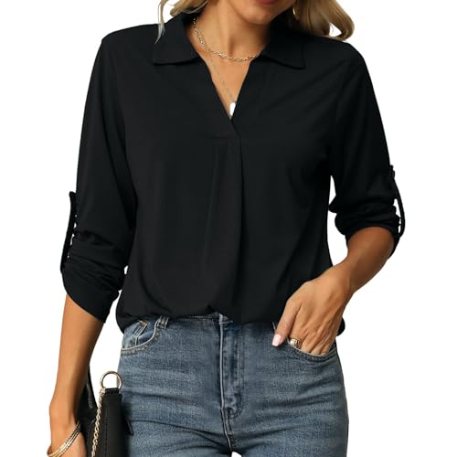 Blusas para Mujer con Cuello en V Camisas Elegante Manga Larga Casual Túnica Tops Camisas Negra