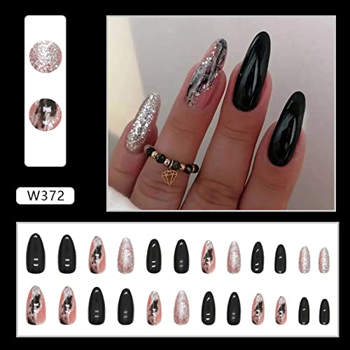 Medium Press On Nails Almond Shape Fake Nails With Silver Waves Design Glitter Acrylic Nails Full Cover Artificial Nails Glossy False Nails Black Glue On Nails For Women And Girls Manicure 24Pcs #TOP6