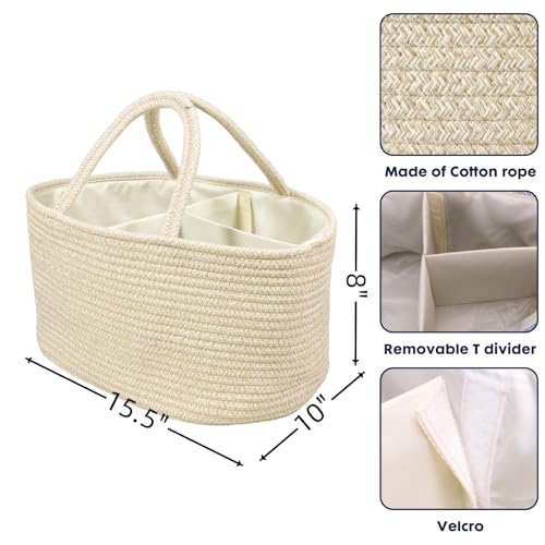 Image of XUANGUO Large Cotton Rope Baby Diaper Caddy Organizer Basket Oatmeal | Nursery Storage Bin, Portable Baby Tote Bag for Changing Table or Car, Baby Shower Gifts Bag, Newborn Essentials, Registry