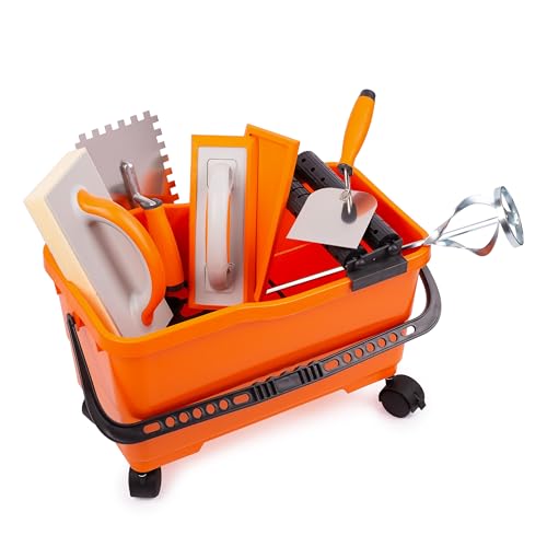 MIVOS Fliesenwaschset 7-teiliges Fliesenleger Waschset mit Räder - Profi Fliesen Waschset - Stukkateurspachtel - Zahnkelle - Schwammbrett - Reibebrett - Eimer 22L - Mörtelmischer