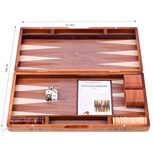 Syrace Holz eingelegtes Backgammon-Set, klassischer Strategie-Brettspielkoffer 15,7 Zoll große Größe, Backgammon mit Checkers Stücken für Erwachsene und Kinder