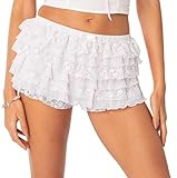 Women Y2k Lolita Bloomers Ruffle Pumpkin Panties Bottom Lace Trim Layered High Waist Short Pants(S White,Medium)