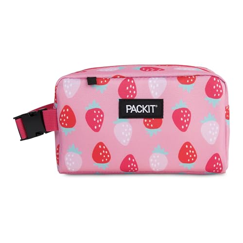 PackIt Freezable Small Insulated Snack Box Sweet Strawberry with EcoFreeze Technology (Built-in Ice Pack) Mini Cooler or Small Lunch Bag For Fresh Snacks On the Go for Work Gym or Travel