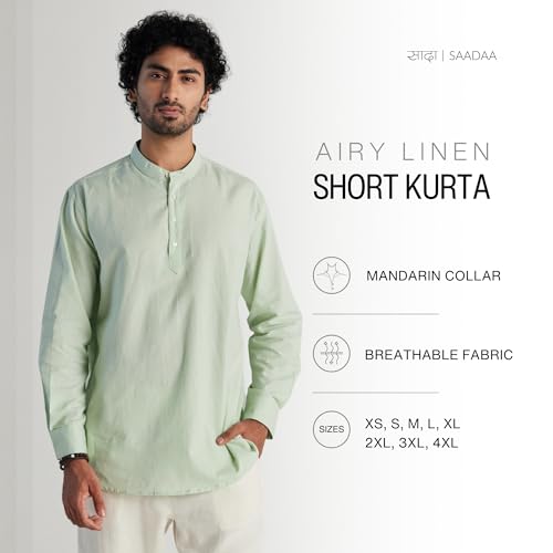 Image of SAADAA Men's Short Kurta - Linen Cotton Blend, Airy Fabric, Regular Fit, Mandarin Collar, Solid Color - Casual, Festive & Ethnic Wear