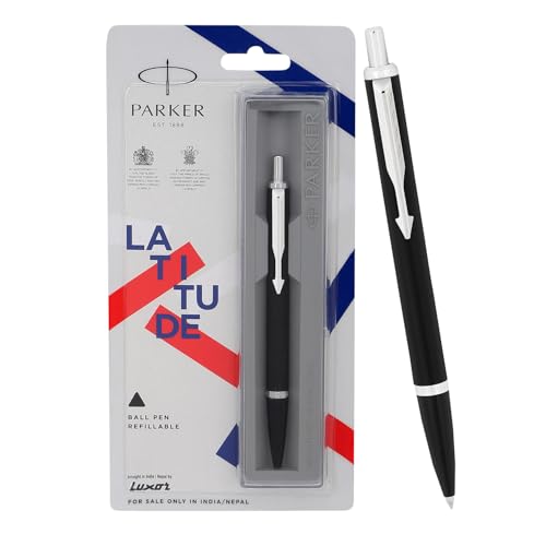 Parker Latitude Matte Black Chrome Trim Ball Pen| Ink Color - Blue | Perfect For Gifting Purpose | Elite Pen For Professionals (Image - 1)