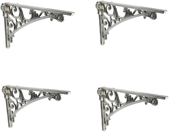 Decorative Shelf Bracket 12 inch Brushed Satin Nickel Brackets for Shelving Solid Heavy Duty Vintage DIY Projects Hardware Included 4 Pack Heavy-Duty Shelf-Brackets