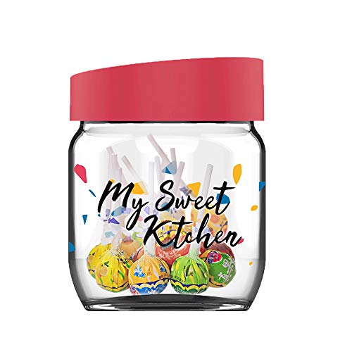 Image of Pasabahce Printed Glass Jar with Red Lid from House of the Original Pasabahce from Turkey | Stylish & Durable Airtight Storage Container for Pickles, Snacks, Cookies & Spices for Kitchen(425ml, 2 pcs)