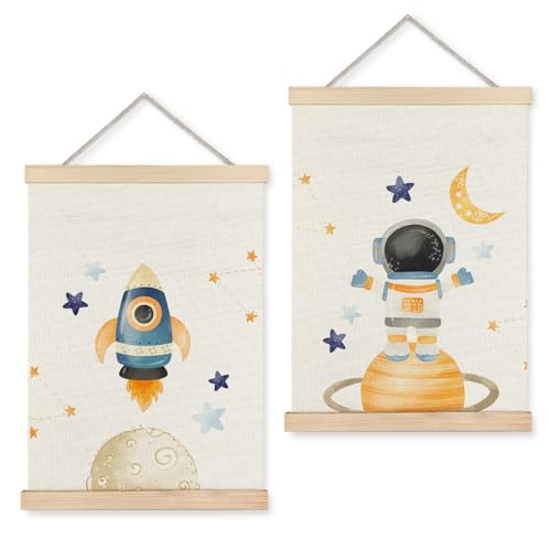 Image of LUVADIAN Space Wall Decor, Nursery Decor Wall Art With Wooden Poster Hanger, Spaces Themed Bedroom Decor, Space Wall Decor for Toddler Boys Bedroom Nursery Playroom Classroom, 12x16 Inch Set of 2